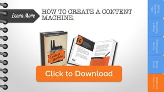 Becoming
a Writer

Writing and
Words
Being
Done

Additional
Resources

Click to Download

Getting
Over the
Fear

Learn More

HOW TO CREATE A CONTENT
MACHINE.

 