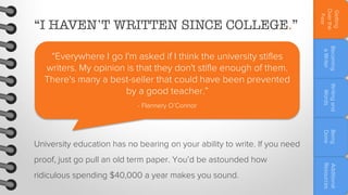 ridiculous spending $40,000 a year makes you sound.

Additional
Resources

proof, just go pull an old term paper. You’d be astounded how

Being
Done

University education has no bearing on your ability to write. If you need

Writing and
Words

- Flannery O’Connor

Becoming
a Writer

“Everywhere I go I'm asked if I think the university stifles
writers. My opinion is that they don't stifle enough of them.
There's many a best-seller that could have been prevented
by a good teacher.”

Getting
Over the
Fear

“I HAVEN’T WRITTEN SINCE COLLEGE.”

 
