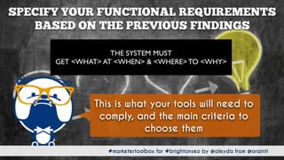 #marketertoolbox for #brightonseo by @aleyda from @orainti
SPECIFY YOUR FUNCTIONAL REQUIREMENTS
BASED ON THE PREVIOUS FINDINGS
#marketertoolbox for #brightonseo by @aleyda from @orainti
THE SYSTEM MUST  
GET <WHAT> AT <WHEN> & <WHERE> TO <WHY>
This is what your tools will need to
comply, and the main criteria to
choose them
 