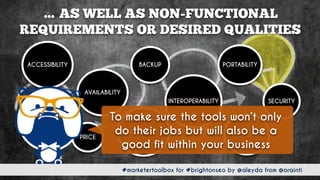 #marketertoolbox for #brightonseo by @aleyda from @orainti
… AS WELL AS NON-FUNCTIONAL
REQUIREMENTS OR DESIRED QUALITIES
#marketertoolbox for #brightonseo by @aleyda from @orainti
ACCESSIBILITY
AVAILABILITY
BACKUP
INTEROPERABILITY
PORTABILITY
SECURITY
USABILITY
MANTAINABILITY EXTENSIBILITYPRICE
To make sure the tools won’t only
do their jobs but will also be a
good fit within your business
 