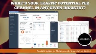#marketertoolbox for #brightonseo by @aleyda from @orainti#marketertoolbox for #brightonseo by @aleyda from @orainti
WHAT’S YOUR TRAFFIC POTENTIAL PER
CHANNEL IN ANY GIVEN INDUSTRY?
SIMILARWEB
 