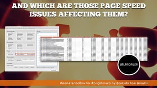 #marketertoolbox for #brightonseo by @aleyda from @orainti#marketertoolbox for #brightonseo by @aleyda from @orainti
AND WHICH ARE THOSE PAGE SPEED
ISSUES AFFECTING THEM?
URLPROFILER
 