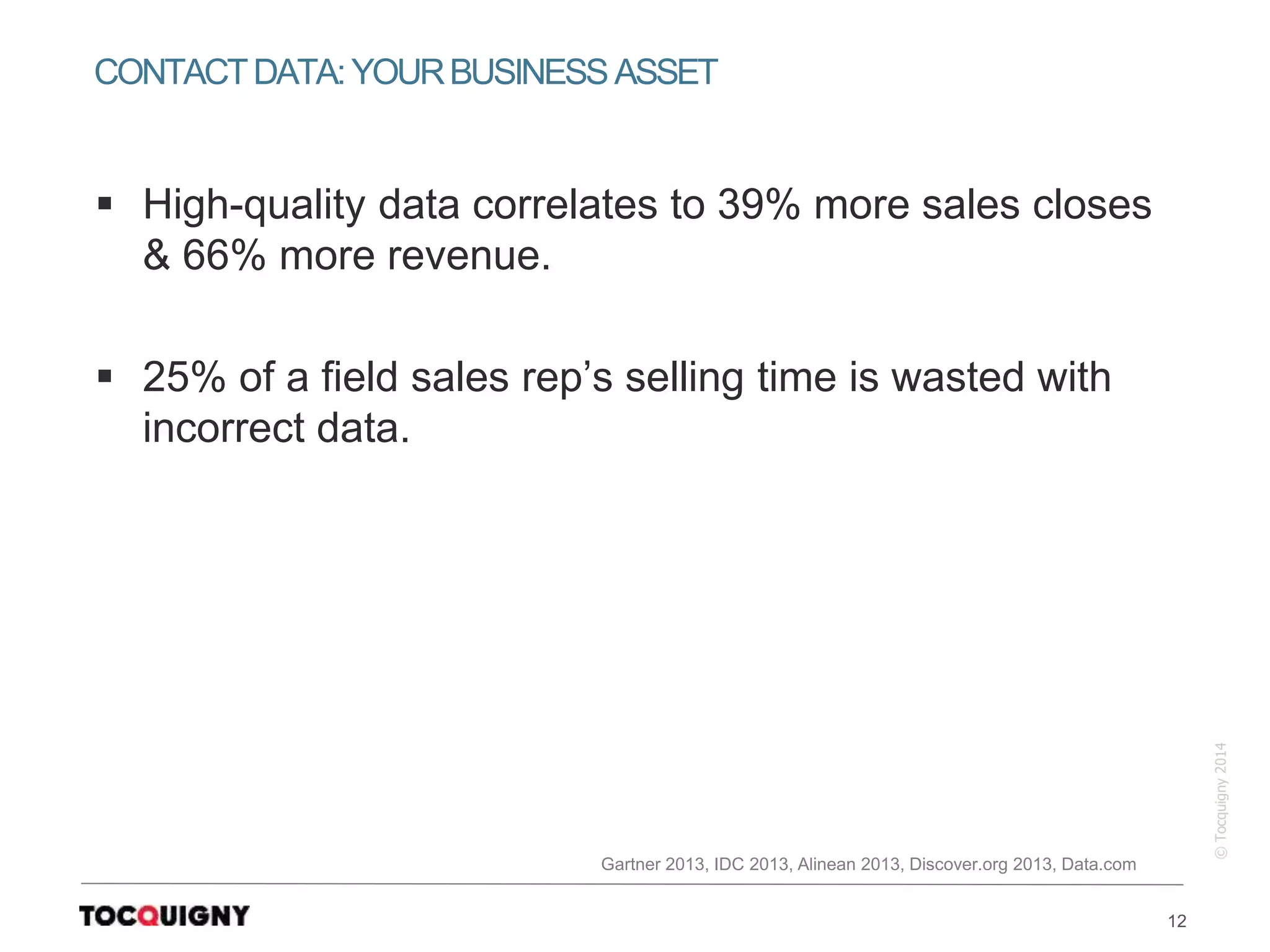 12
©Tocquigny2014
 High-quality data correlates to 39% more sales closes
& 66% more revenue.
 25% of a field sales rep’s selling time is wasted with
incorrect data.
CONTACTDATA:YOURBUSINESSASSET
Gartner 2013, IDC 2013, Alinean 2013, Discover.org 2013, Data.com
 