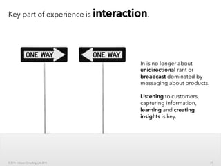 Key part of experience is iinntteerraaccttiioonn.
In is no longer about
unidirectional rant or
broadcast dominated by
messaging about products.
Listening to customers,
capturing information,
learning and creating
insights is key.
21© 2014 - Inluceo Consulting, Ltd. 2014
 