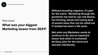 What was your biggest
Marketing lesson from 2021?


Without sounding negative, it’s plan
for the worst. Marketing through ...