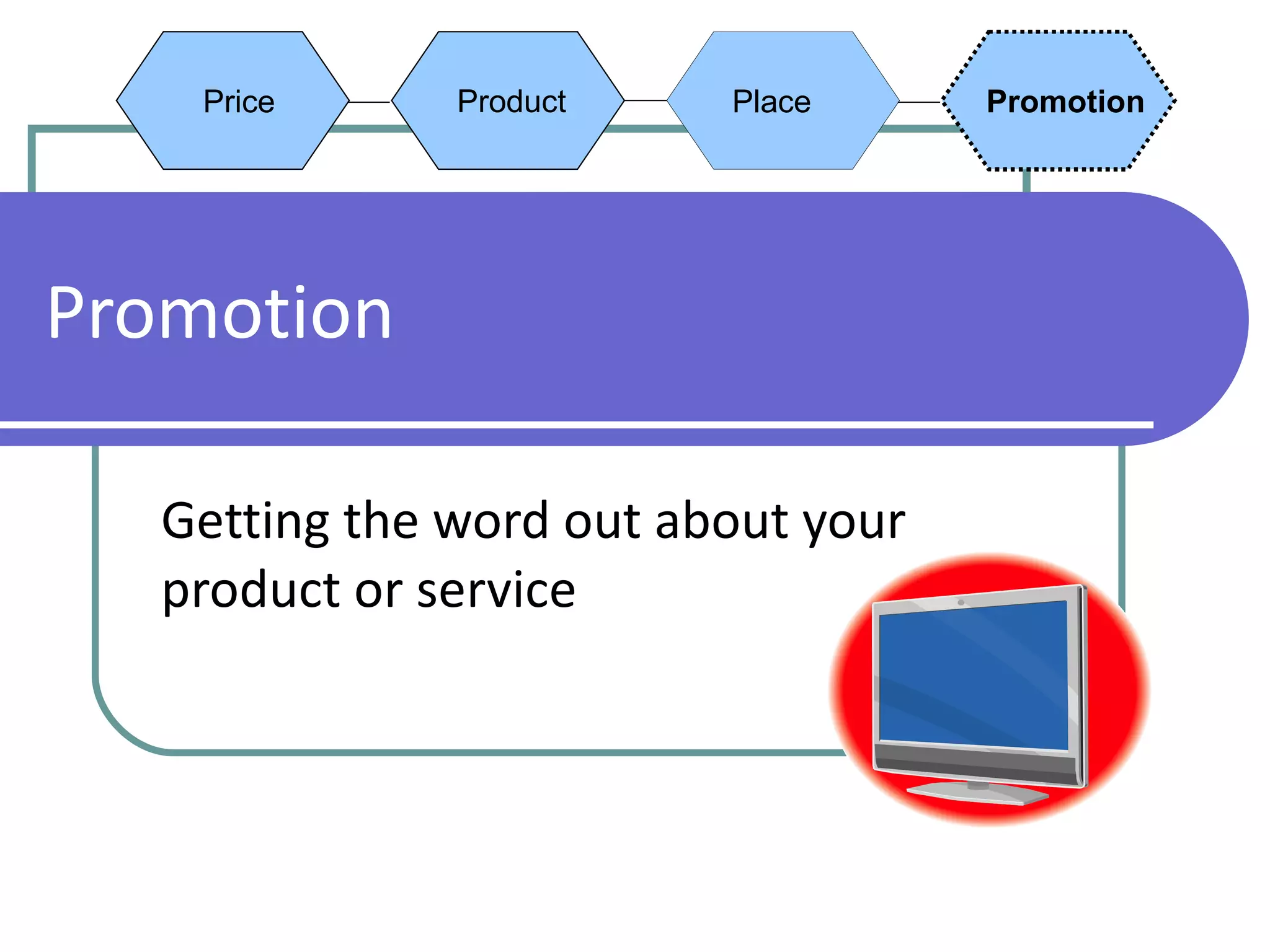 Promotion Getting the word out about your product or service Place Promotion Price Product 