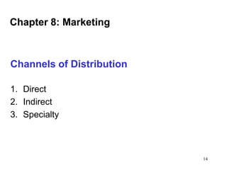 Chapter 8: Marketing

Channels of Distribution
1. Direct
2. Indirect
3. Specialty

14

 