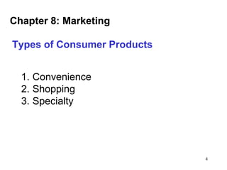 Chapter 8: Marketing
Types of Consumer Products
1. Convenience
2. Shopping
3. Specialty

4

 