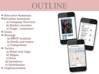 OUTLINE
 Executive Summary
Situation Annalysis
a) Company Overview
b) Market overview
c) Target customers
 Goals
 Strategy
a) SWOT analysis
b) Needs and wants
c) Competitors
 Tactics
a) Name and Logo
b) Slogan
c) Price
d) Incentives
e) Distribution
 Implementation
 