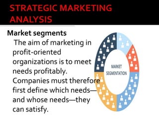 Market segments
The aim of marketing in
profit-oriented
organizations is to meet
needs profitably.
Companies must therefore
first define which needs—
and whose needs—they
can satisfy.
 
