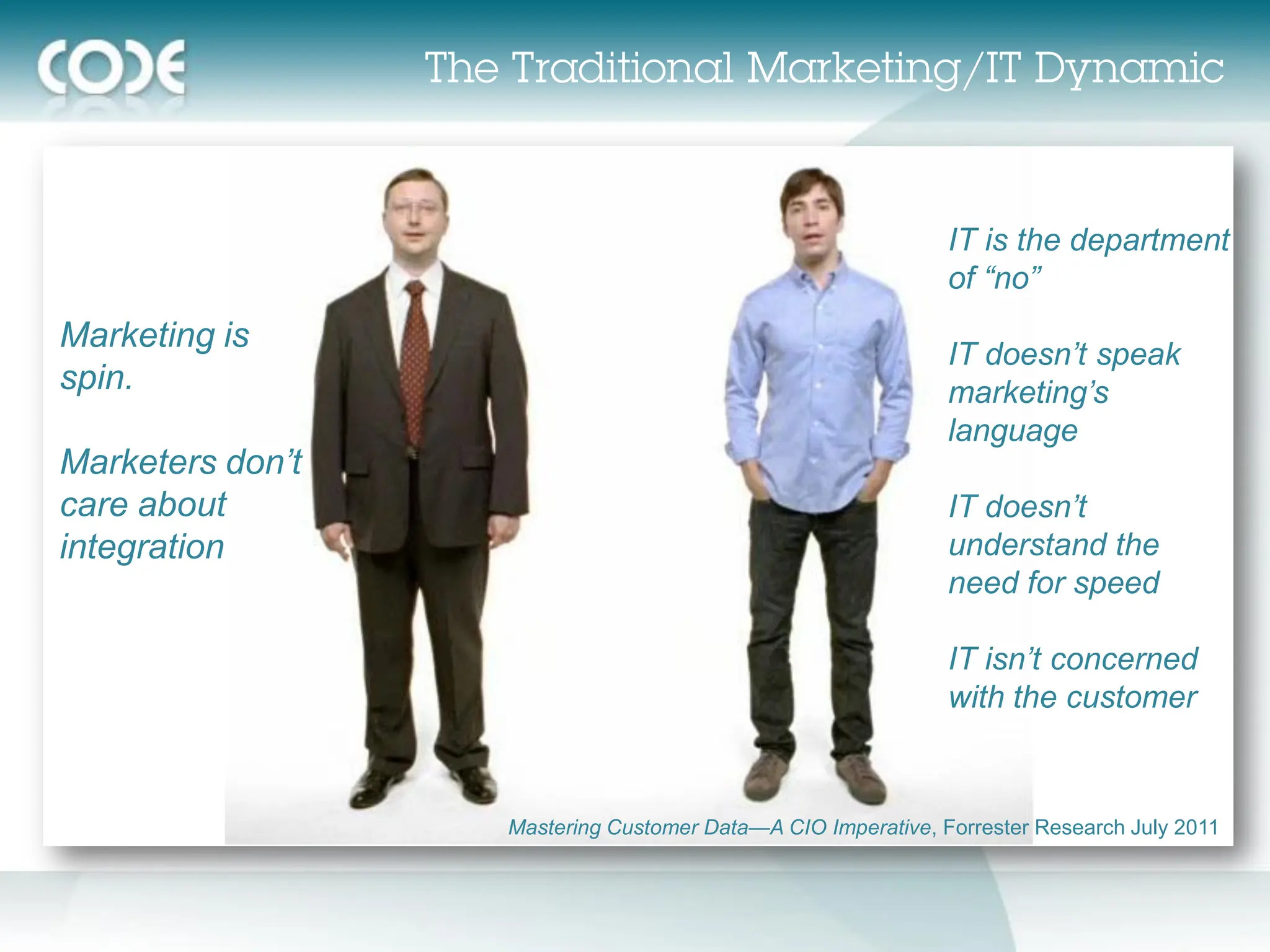 IT is the department
                                                             of “no”
Marketing is
                                                             IT doesn’t speak
spin.                                                        marketing’s
                                                             language
Marketers don’t
care about                                                   IT doesn’t
integration                                                  understand the
                                                             need for speed

                                                             IT isn’t concerned
                                                             with the customer


                  Mastering Customer Data—A CIO Imperative, Forrester Research July 2011
 