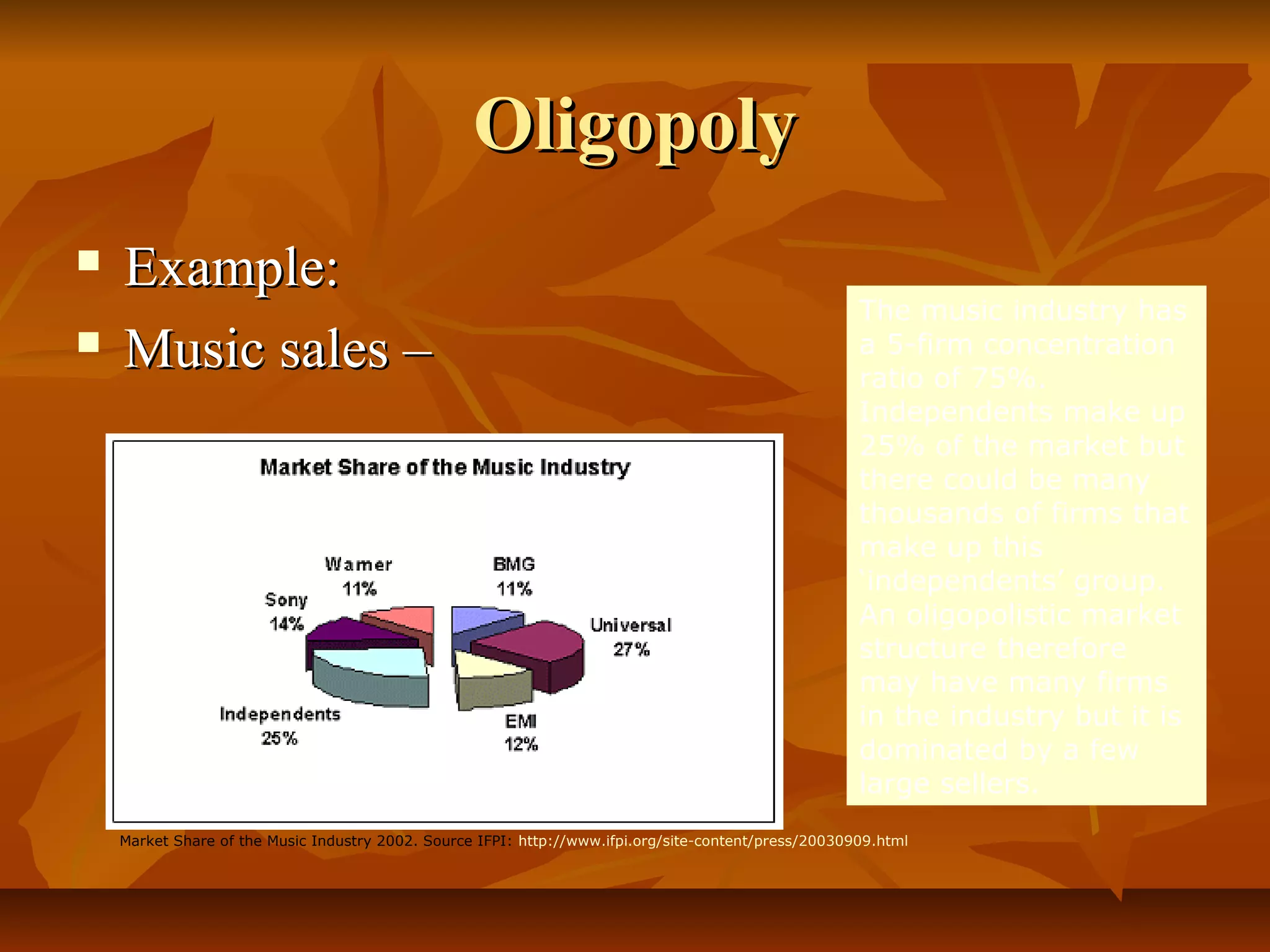 Oligopoly
   Example:
                                                                                                       The music industry has
   Music sales –                                                                                      a 5-firm concentration
                                                                                                       ratio of 75%.
                                                                                                       Independents make up
                                                                                                       25% of the market but
                                                                                                       there could be many
                                                                                                       thousands of firms that
                                                                                                       make up this
                                                                                                       ‘independents’ group.
                                                                                                       An oligopolistic market
                                                                                                       structure therefore
                                                                                                       may have many firms
                                                                                                       in the industry but it is
                                                                                                       dominated by a few
                                                                                                       large sellers.
    Market Share of the Music Industry 2002. Source IFPI: http://www.ifpi.org/site-content/press/20030909.html
 