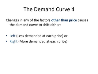 The Demand Curve 4
Changes in any of the factors other than price causes
the demand curve to shift either:
• Left (Less demanded at each price) or
• Right (More demanded at each price)
 