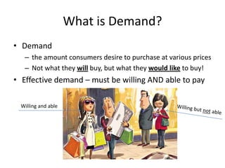 What is Demand?
• Demand
– the amount consumers desire to purchase at various prices
– Not what they will buy, but what they would like to buy!
• Effective demand – must be willing AND able to pay
Willing and able
 