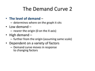 The Demand Curve 
Price (€) 
Demand 
Quantity Demanded (000s) 
€10 
€5 
100 150 
The demand curve slopes 
downwards from left to 
right (a negative slope) 
indicating an inverse 
relationship between price 
and the quantity 
demanded. Quantity 
demanded will be higher 
at lower prices than at 
higher prices. As price 
falls, quantity demanded 
rises. As price rises, 
quantity demanded falls. 
 
