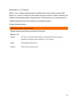 19
[About W&S Co., Ltd. (Thailand)]
W&S Co., Ltd. is a digital marketing provider in Southeast Asia under the parent company W&S
Holding, Inc. in Japan. Currently it has three offices cover three countries in Vietnam, Indonesia, and
Thailand, with the largest panelists in Southeast Asia; 370,000 members. Our core businesses are
1) Market research business (both qualitative and quantitative research)
2) Digital marketing business
[For more information, please contact]
Pakawat Wangsanuwat (Business Development Executive)
W&S Co., Ltd.
Contact 18th
Floor, Two Pacific Place Building, 142 Sukhumvit Road, Klongtoey
Subdistrict, Klongtoey District, Bangkok 10110 Thailand.
Email Pakawat@yimresearch.com
Website https://www.yimresearch.com
 