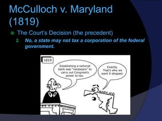 McCulloch v. Maryland
(1819)


The Court’s Decision (the precedent)
2.

No, a state may not tax a corporation of the fede...