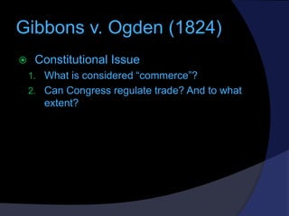 Gibbons v. Ogden (1824)


Constitutional Issue
1. What is considered “commerce”?
2. Can Congress regulate trade? And to w...