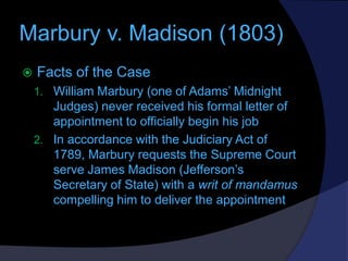 Marbury v. Madison (1803)


Facts of the Case
1. William Marbury (one of Adams’ Midnight

Judges) never received his form...