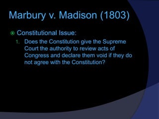 Marbury v. Madison (1803)


Constitutional Issue:
1. Does the Constitution give the Supreme

Court the authority to revie...