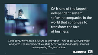 3 © 2015 CA. ALL RIGHTS RESERVED.
CA is one of the largest,
independent system
software companies in the
world that continues to
transform the face
of business.
Since 1976, we’ve been a culture of innovation—half of our 13,000 person
workforce is in development, creating better ways of managing, securing
and deploying IT infrastructure.
 