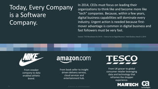 4 © 2015 CA. ALL RIGHTS RESERVED.
In 2014, CEOs must focus on leading their
organizations to think like and become more like
“tech” companies. Because, within a few years,
digital business capabilities will dominate every
industry. Urgent action is needed because first-
mover advantage is common in digital business and
fast followers must be very fast.
Gartner;“CEO Resolutions for 2014—Timeto Act on Digital Business”; Mark Raskino; March 5,2014
Today, Every Company
is a Software
Company.
From sneaker
company to data
enabled athletic
brand.
From book seller to insight
driven delivery service,
cloud servicer and
entertainment hub.
From UK grocer to global
consumer retailer leveraging
data and technology that
reframes the shopper
experience.
 