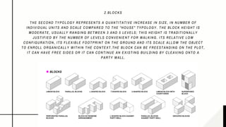 2.BLOCKS
THE SECOND TYPOLOGY REPRESENTS A QUANTITATIVE INCREASE IN SIZE, IN NUMBER OF
INDIVIDUAL UNITS AND SCALE COMPARED TO THE “HOUSE” TYPOLOGY. THE BLOCK HEIGHT IS
MODERATE, USUALLY RANGING BETWEEN 3 AND 5 LEVELS; THIS HEIGHT IS TRADITIONALLY
JUSTIFIED BY THE NUMBER OF LEVELS CONVENIENT FOR WALKING. ITS RELATIVE LOW
CONFIGURATION, ITS FLEXIBLE FOOTPRINT ON THE GROUND AND ITS SCALE ALLOW THE OBJECT
TO ENROLL ORGANICALLY WITHIN THE CONTEXT.THE BLOCK CAN BE FREESTANDING ON THE PLOT,
IT CAN HAVE FREE SIDES OR IT CAN CONTINUE AN EXISTING BUILDING BY CLEAVING ONTO A
PARTY WALL.
 