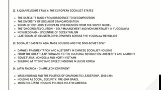 THE SATELLITE BLOC: FROM DISSIDENCE TO DECOMPOSITION
THE DIVERSITY OF SOCIALIST STANDARDISATION
SOCIALIST OUTLIERS: EUROPEAN DIVERGENCES FROM THE SOVIET MODEL
THE 'ONGOING REVOLUTION' – SELF-MANAGEMENT AND MONUMENTALITY IN YUGOSLAVIA
NOVI BEOGRAD – EPICENTRE OF DECENTRALISM
LATE SOCIALIST CLUSTER-DEVELOPMENTS ACROSS THE YUGOSLAV REPUBLICS
DANWEI: FRAGMENTATION AND AUSTERITY IN CHINESE SOCIALIST HOUSING
FROM THE GREAT LEAP FORWARD TO THE CULTURAL REVOLUTION: AUSTERITY AND ANARCHY
'SOVIET' ASIA: MONGOLIA AND NORTH VIETNAM
BUILDING AT 'PYONGYANG SPEED': HOUSING IN JUCHE KOREA
MASS HOUSING AND THE POLITICS OF CHARISMATIC LEADERSHIP, 1945-1964
HOUSING AS SOCIAL SECURITY: PRE-1964 BRAZIL
1960S COLD-WAR HOUSING POLITICS IN LATIN AMERICA
12. A QUARRELSOME FAMILY: THE EUROPEAN SOCIALIST STATES
13. SOCIALIST EASTERN ASIA: MASS HOUSING AND THE SINO-SOVIET SPLIT
14. LATIN AMERICA – CHAMELEON CONTINENT
 