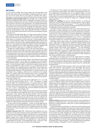 METHODS
We have used all available short-cadence Kepler data and long-cadence data
wherever short-cadence data are unavailable to complete the data set for 17 quar-
ters. We list the transit times for each planet in Extended Data Table 1.
Throughout, we express times since Barycentric Julian Day (BJD) minus 2,454,900.
Photometric transit and stellar models. From the light curve, we filtered instru-
mental and astrophysical effects that are independent of planetary transits. To
each segment of the photometric time series, we fitted a cubic polynomial of width
2 days, centred on the time of each measurement20
. We excluded measurements
taken within one transit duration (defined as the time from first to last contact) of
the measured centre of the transit and extrapolate the polynomial to estimate
corrections during transits. This process strongly filters astrophysical signals with
timescales of approximately 2 days, which could affect the shape of a planetary
transit.We also excluded measurementsfor which the associated segmenthas gaps
longer than 2.5 h.
We fitted the detrended Kepler light curve using a transit model for quadratic
limb-darkening31
and non-circular Keplerian orbits. We stacked transits of each
planet with corrections for the measured TTVs20
. To account for Kepler’s obser-
vation cadence, we averaged our transit model with 11 equal spacings within the
1 min or 30 min integration window. We evaluated the photometric noise for each
quarter of data to fit transit models, adopting published stellar parameters for
Kepler-13832
. We adopted a two-parameter quadratic model for limb-darkening
with fixed coefficients (0.3576, 0.3487) appropriate for Kepler’s bandpass and
Kepler-138’s effective temperature (Teff), log[g] and metallicity [Fe/H]33
.
The light curve model parameters consist of the mean stellar density34
rw, a
photometric zero pointforeachlightcurve segment, and foreachplanettheorbital
period, time of transit, planet-to-star radius ratio, impact parameter, and eccent-
ricity parameterized as ecosv and esinv. We determined posterior distributions of
ourmodel parameters using Markov Chain Monte Carlo techniques20
. Our best-fit
transit models, shown in Extended Data Fig. 1, resulted in consistent estimates for
rw from each planet.
We determined the mass and radius of Kepler-138 by fitting the spectroscopic
parameters (Teff, [Fe/H])32
and our light curve contraints of rw to Dartmouth
Stellar Evolution models35
, assuming a Gaussian probability density for each para-
meter32
. For the Dartmouth models, we varied initial conditions of mass, age, and
[Fe/H] and interpolated over a grid to evaluate Teff, rw, and [Fe/H] for any set of
initial conditions. We computed posteriors using Markov Chain Monte Carlo
analysis to obtain stellar model-dependent posteriors on Mw and Rw. Table 1 lists
our adopted stellar parameters. We tested the effects of eccentricity priors on our
measurement of rw, adopting a uniform prior in eccentricity as our nominal
results. We compare results with eccentricity fixed at zero in Extended Data
Fig. 2. Although a uniform prior on eccentricity results in a slightly wider range
of inferred radii for the star, both of these models are consistent with the spectro-
scopic study of Kepler-13832
.
Our solution for the impact parameter of the middle planet is 0.3 6 0.2, much
lower than the previous estimate of 0.92 6 0.0221
. The apparent U-shaped
transit for Kepler-138 c (Extended Data Fig. 1) is consistent with a low impact
parameter. Our measured impact parameter for Kepler-138 d is 0.810 6 0.057,
consistent with the previous measurement21
. Our revised impact parameters imply
rw 5 9.0 6 1.9 g cm23
, which agrees with our transit models for each planet, and
with the spectroscopic study of Kepler-13832
.
We find that Kepler-138 has a smaller mass and radius than previous estimates
based on the absolute K-band magnitude (MK) of the star from high-resolution
Keck spectra36
. These relied on mass–luminosity relations37
and a mass–radius
relation from interferometry38
. However, the calibration stars used to correlate the
MK to spectral index excluded cool stars that are active. In the case of Kepler-138,
the photometric time-series exhibits large (1%) variations due to starspots. These
increase the risk of systematic errors in the measurement of stellar luminosity, and
therefore the stellar properties derived from the mass–luminosity relation.
The time-scale for star-spot modulation, ,20 days, was much longer than the
transit duration, and was probably dominated by two spots. We found no evidence
of starspot crossings, nor did we find any TTV periodicities related to the rotation
period of the star. Hence, the stellar activity is unlikely to affect our transit model
or transit times.
Analytical constraints from TTV. Orbital period ratios determine how close
planets are to mean motion resonance, and over what period TTVs are expected
to cycle. The inner pair of planets of Kepler-138 orbit near the 4:3 resonance with an
expected TTV cycle of 1,570 days, slightly longer than the 1,454-day observational
baseline of Kepler-138 b’s transits. We fitted a sinusoid at this periodicity to the
TTVsoftheinnerplanet, anddetectedaTTVamplitudeof3464min.Thispermits
a rough estimate for the mass13
of the middle planet of (6.8 6 0.9)M›(M[/Mw),
which is close to our final measure of the mass of the middle planet.
The detection of TTVs at Kepler-138 b imply that the TTVs in Kepler-138 c
have a component caused by Kepler-138 b. However, the middle planet’s TTVs are
the combined effect of perturbations from its two neighbours Kepler-138 b and
Kepler-138 d, andtheouter pair orbitnear a second-ordermean motion resonance
for which there is no known analytical model. Hence, the masses of the inner and
outermost planets cannot be estimated by fitting such a simplified sinusoidal
model to the TTVs.
Detailed TTV modelling. For each set of initial conditions, we calculate the
transit times of all three planets based on Newtonian gravity, using an eighth-
order Dormand–Prince Runge–Kutta integrator15,16,39
. We compare the simulated
and observed transit times for each planet assuming each observed transit time has
an independent Gaussian measurement uncertainty.
We found an excess of outlying transit times to our model, where either instru-
mental effects or stellar activity led to a few unlikely transit times with under-
estimateduncertainties. Extended Data Fig. 3 shows the distribution of residualsto
our best-fit TTV model compared to a Gaussian distribution, revealing these
outliers. Of the 257 measured transit times, five are outliers, where for simulated
transittimes S, andmeasurementuncertainties sTT, (O 2S)/sTT . 3.Weremoved
these outliers, and used the 252 remaining measurements as our nominal data set
for dynamical models. Later, we tested our results for robustness against outliers.
Performing extensive grid searches and Levenberg–Marquardt analysis, we
found a single region of high posterior probability including multiple closely
related local minima. To characterize the masses and orbital parameters of the
three planets, we performed Bayesian parameter estimation using a differential
evolution Markov Chain Monte Carlo algorithm40,41
. We used Metropolis–
Hasting acceptance rules on 45 ‘walkers’ exploring parameter space in parallel,
where for each walker, a proposal is a scaled vector between two other walkers
chosen at random. Using differential evolution for the proposal steps increases the
probability that proposals will be accepted, particularly for target distributions
with strong correlations between model parameters.
The walkers were launched near the best-fit model found by Levenberg–
Marquardt analysis. We updated the vector scale length factor every 15 genera-
tions to keep the acceptance rate near the optimum value of 0.2540–42
and thinned
the data by recording every 20th generation in the Markov Chain. We discarded
the first 50,000 generations and continued the Markov Chain for 1,250,000 addi-
tional generations.
The mean correlation between parameter values in the same Markov Chain
Monte Carlo chain for a given separation in the chain begins near unity for
consecutive generations, and declines for greater separations43
. We used this
property to assess how well-mixed our Markov Chain Monte Carlo chains were.
The autocorrelation length, defined as the lag between generations required for the
correlation to fall below 0.5, varied between the walkers, averaging 9,000 genera-
tions for the planet-to-star mass ratio of Kepler-138 b. Hence, the mean length of
the differential evolution Markov Chain Monte Carlo chains was about 139 auto-
correlation lengths.
For each planet, we adopted a uniform prior in orbital period, T0, e, and v. For
Mp/Mw, we adopted a uniform prior that allowed negative masses to enable a
simple estimate for the significance of a positive mass for Kepler-138 b from the
posterior samples30
. For Kepler-138 b, the mass is greater than zero in 99.84% of
posterior samples. As a further test, we considered an alternative, more realistic,
uniform prior where planetary masses are positive definite and limited to the mass
of a pure iron planet (given their sizes)44,45
.
Posteriors for the mass ratios of each planet to the host star, and each eccent-
ricity vector component are shown in Extended Data Fig. 4. We list 68.3%, 95.4%,
and 99.7% credible intervals for all parameters in Extended Data Table 2. We also
include the mass ratios between the planets and relative eccentricity vector com-
ponents, which are more constrained by the data than absolute masses and eccent-
ricities.
Orbital eccentricity. Joint posteriors for the eccentricity vector components are
displayed in Extended Data Fig. 5. These show extreme correlations because a
broad class of orbital parameters in which there is a precise apsidal alignment of
orbits satisfies the data.
We performedlong-termintegrations on a subsetofourposterior planetmasses
and orbital parameters including a wide range of eccentricities using the HNBODY
code46
. We investigated whether long-term stability could further constrain the
eccentricities. A sample of the solutions were integrated for ten million orbits and
all were found to be stable. Integrating one of the best-fit solutions with high
eccentricities for Kepler-138 b, Kepler-138 c and Kepler-138 d of 0.23, 0.20 and
0.18 respectively, we confirmed that the orbits were stable for over one billion
years; the apsidal lock was maintained with the periapses of all three planets closely
aligned. Although rare in the Solar System, apsidal alignment has been observed
andstudied in the Uranian ring system47,48
andithasbeen detected in exoplanetary
systems, including u Andromedae49
, GJ 87650
and possibly 55 Cancri51
.
RESEARCH LETTER
G2015 Macmillan Publishers Limited. All rights reserved
 