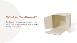 What is Cardboard?
Cardboard in the packaging industry refers
to thick paperboard material used to make
folding carton boxes.
 
