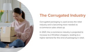 The Corrugated Industry
Corrugated packaging is used across the retail
industry and is becoming more needed as
e-commerce sales shoot up.
In 2021, the e-commerce industry is projected to
increase to 2.14 billion shoppers, leading to a
higher demand for this kind of packaging in retail.
 