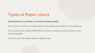 Types of Paper Liners
Linerboards are available in a variety of paper grades.
Paper grade choices are made based on branding specifications for businesses.
This could include sustainability efforts, artwork designs and the purpose of the
packaging itself.
Let’s dive into the various types of paper liners.
 