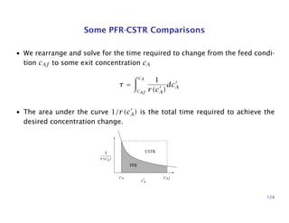Some PFR-CSTR Comparisons
• We rearrange and solve for the time required to change from the feed condi-
tion cAf to some exit concentration cA
τ =
cA
cAf
1
r(cA)
dcA
• The area under the curve 1/r(cA) is the total time required to achieve the
desired concentration change.
1
r(cA)
cAfcA
cA
PFR
CSTR
124
 