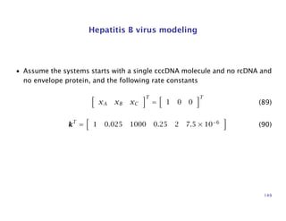Hepatitis B virus modeling
• Assume the systems starts with a single cccDNA molecule and no rcDNA and
no envelope protein, and the following rate constants
xA xB xC
T
= 1 0 0
T
(89)
kT
= 1 0.025 1000 0.25 2 7.5 × 10−6
(90)
149
 