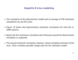 Hepatitis B virus modeling
• The simulation of the deterministic model and an average of 500 stochastic
simulations are not the same.
• Figure 10 shows two representative stochastic simulations for only the cc-
cDNA species.
• Notice the ﬁrst stochastic simulation does ﬂuctuate around the deterministic
simulation as expected.
• The second stochastic simulation, however, shows complete extinction of the
virus. That is another possible steady state for the stochastic model.
153
 