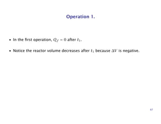 Operation 1.
• In the ﬁrst operation, Qf = 0 after t1.
• Notice the reactor volume decreases after t1 because ∆V is negative.
87
 