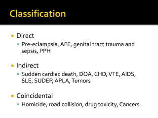  Direct
 Pre-eclampsia, AFE, genital tract trauma and
sepsis, PPH
 Indirect
 Sudden cardiac death, DOA, CHD,VTE, AIDS,
SLE, SUDEP, APLA,Tumors
 Coincidental
 Homicide, road collision, drug toxicity, Cancers
 