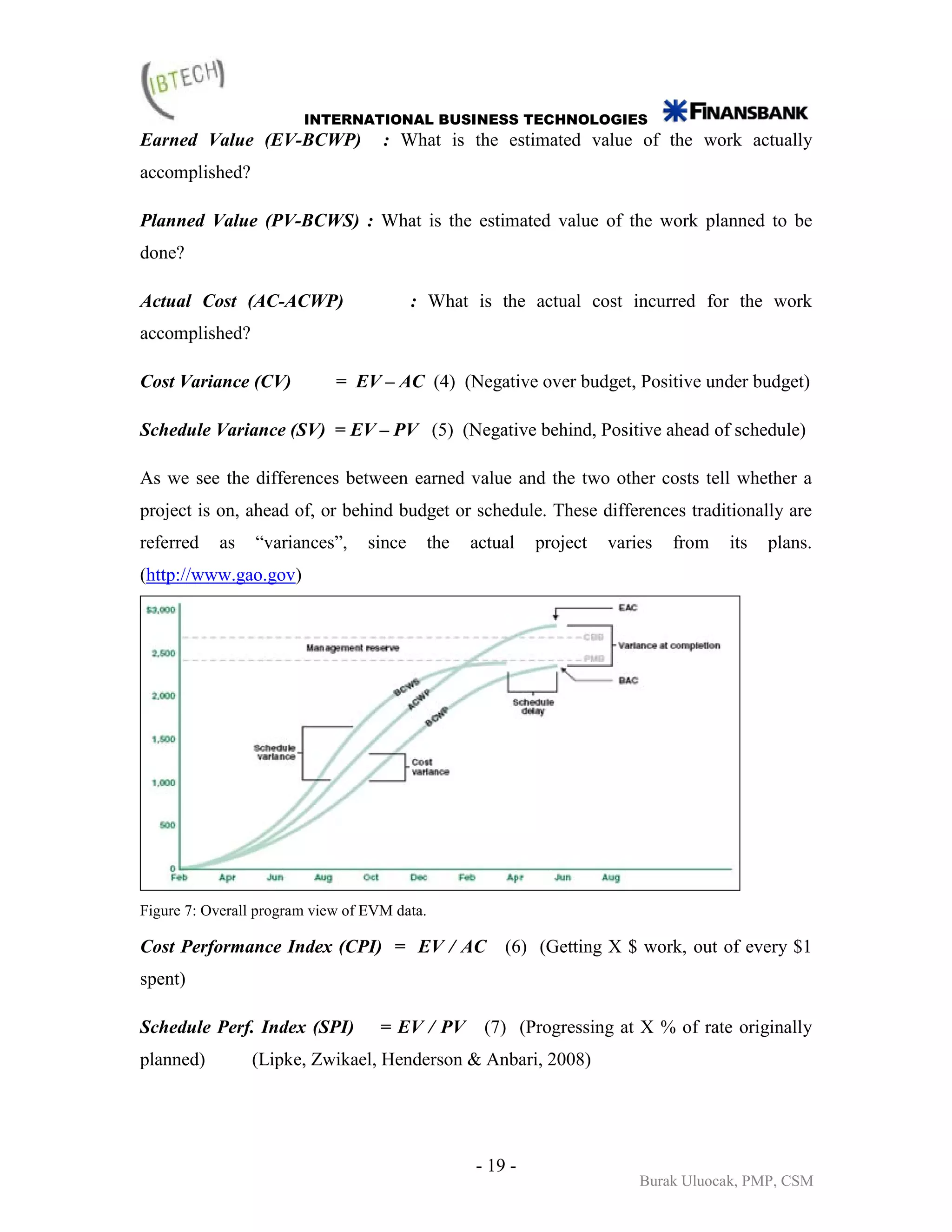INTERNATIONAL BUSINESS TECHNOLOGIES
Earned Value (EV-BCWP)              : What is the estimated value of the work actually
accomplished?

Planned Value (PV-BCWS) : What is the estimated value of the work planned to be
done?

Actual Cost (AC-ACWP)                     : What is the actual cost incurred for the work
accomplished?

Cost Variance (CV)           = EV – AC (4) (Negative over budget, Positive under budget)

Schedule Variance (SV) = EV – PV (5) (Negative behind, Positive ahead of schedule)

As we see the differences between earned value and the two other costs tell whether a
project is on, ahead of, or behind budget or schedule. These differences traditionally are
referred   as    “variances”,     since       the   actual   project   varies   from   its   plans.
(http://www.gao.gov)




Figure 7: Overall program view of EVM data.

Cost Performance Index (CPI) = EV / AC                  (6) (Getting X $ work, out of every $1
spent)

Schedule Perf. Index (SPI)          = EV / PV        (7) (Progressing at X % of rate originally
planned)        (Lipke, Zwikael, Henderson & Anbari, 2008)




                                                    - 19 -
                                                                           Burak Uluocak, PMP, CSM
 