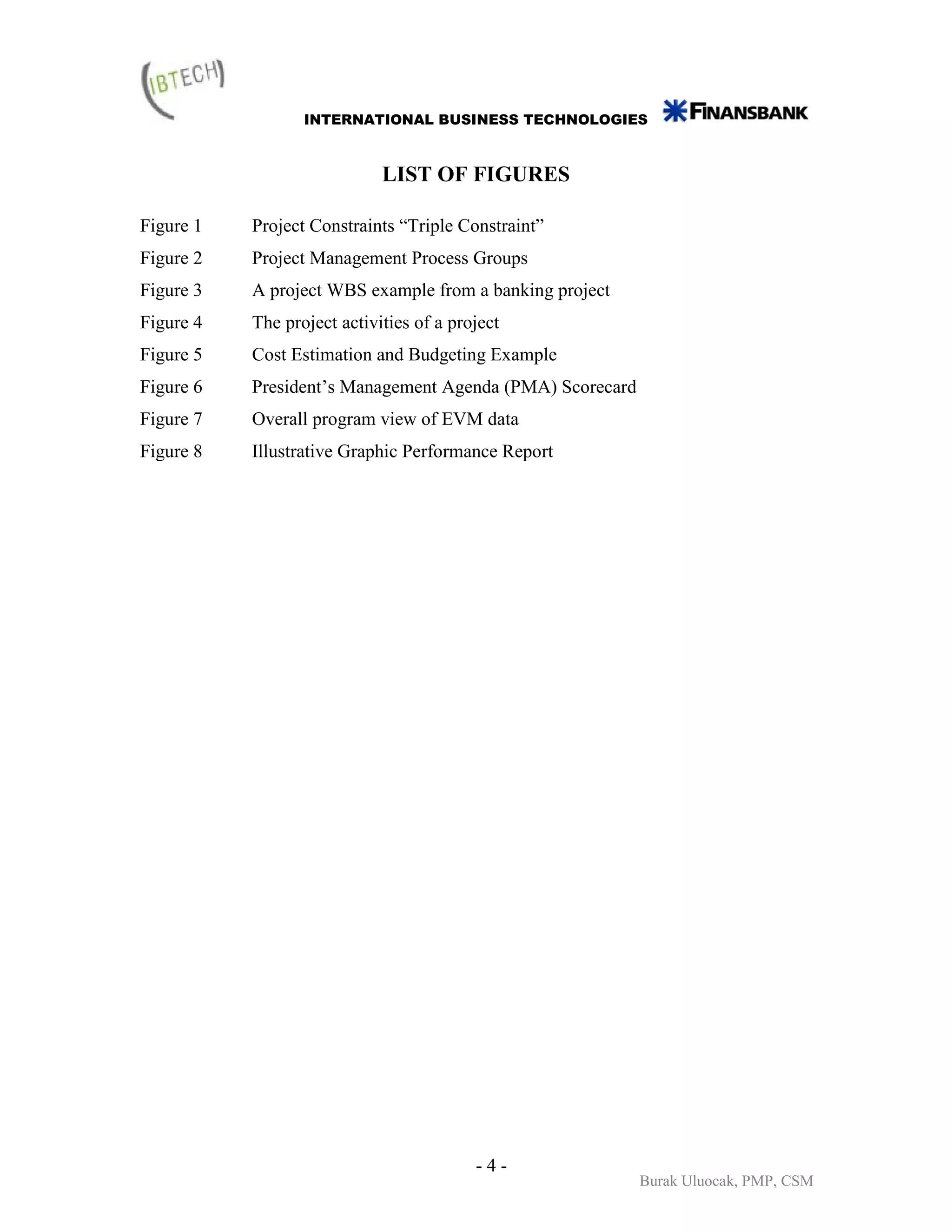 INTERNATIONAL BUSINESS TECHNOLOGIES



                             LIST OF FIGURES

Figure 1   Project Constraints “Triple Constraint”
Figure 2   Project Management Process Groups
Figure 3   A project WBS example from a banking project
Figure 4   The project activities of a project
Figure 5   Cost Estimation and Budgeting Example
Figure 6   President’s Management Agenda (PMA) Scorecard
Figure 7   Overall program view of EVM data
Figure 8   Illustrative Graphic Performance Report




                                          -4-
                                                           Burak Uluocak, PMP, CSM
 