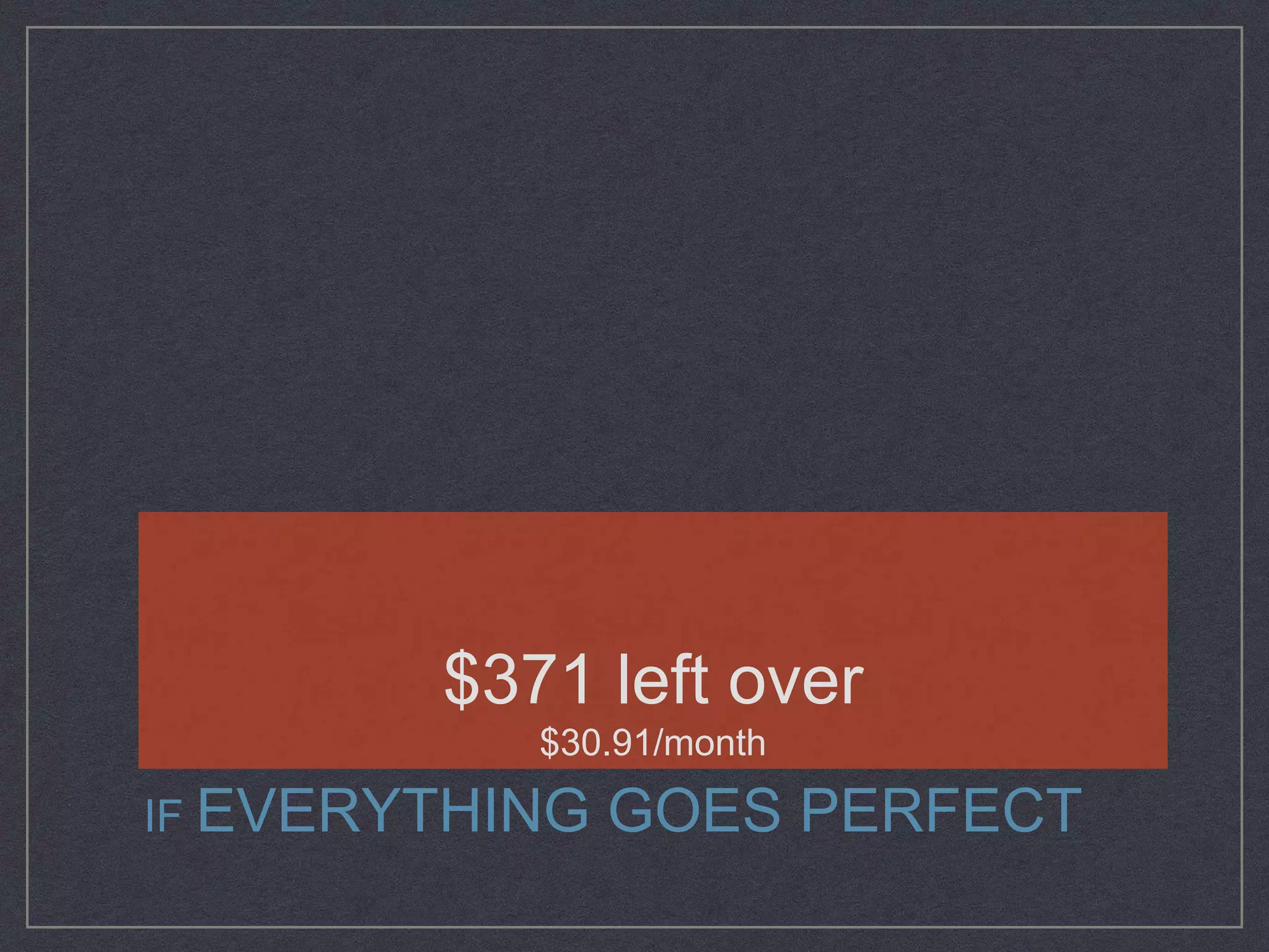 $371 left over
$30.91/month
IF EVERYTHING GOES PERFECT