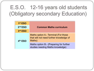 E.S.O. 12-16 years old students
(Obligatory secondary Education)
   1st ESO
   2nd ESO         Common Maths curriculum
   3rd ESO
             Maths option A.- Terminal (For those
             that will not need further knowledge of
   4th ESO   Maths)
             Maths option B.- (Preparing for further
             studies needing Maths knowledge)
 