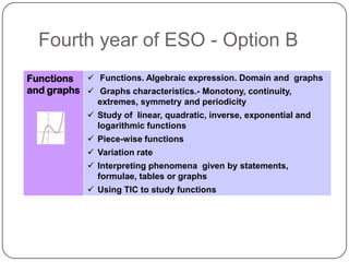 Fourth year of ESO - Option B
Functions  Functions. Algebraic expression. Domain and graphs
and graphs  Graphs characteristics.- Monotony, continuity,
              extremes, symmetry and periodicity
             Study of linear, quadratic, inverse, exponential and
              logarithmic functions
             Piece-wise functions
             Variation rate
             Interpreting phenomena given by statements,
              formulae, tables or graphs
             Using TIC to study functions
 