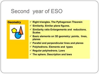 Second year of ESO
Geometry    Right triangles. The Pythagorean Theorem
            Similarity. Similar plane figures.
            Similarity ratio Enlargements and reductions.
             Scales
            Basic elements on 3D geometry: points, lines,
             planes
            Parallel and perpendicular lines and planes
            Polyhedrons. Elements and types
            Regular polyhedrons. Laws
            The sphere. Description and laws
 