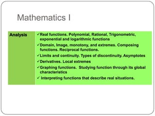 Mathematics I
Analysis   Real functions. Polynomial, Rational, Trigonometric,
            exponential and logarithmic functions
           Domain, Image, monotony, and extremes. Composing
            functions. Reciprocal functions.
           Limits and continuity. Types of discontinuity. Asymptotes
           Derivatives. Local extremes
           Graphing functions. Studying function through its global
            characteristics
            Interpreting functions that describe real situations.
 