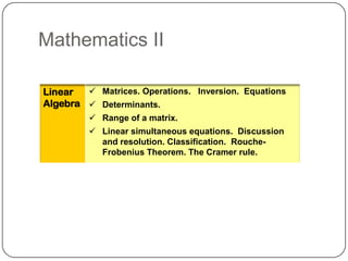 Mathematics II

Linear   Matrices. Operations. Inversion. Equations
Algebra  Determinants.
          Range of a matrix.
          Linear simultaneous equations. Discussion
           and resolution. Classification. Rouche-
           Frobenius Theorem. The Cramer rule.
 