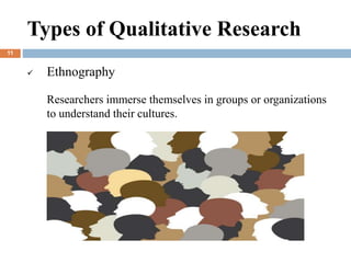  Ethnography
Researchers immerse themselves in groups or organizations
to understand their cultures.
Types of Qualitative Research
11
 