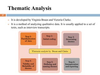 Thematic Analysis
 It is developed by Virginia Braun and Victoria Clarke.
 It is a method of analyzing qualitative data. It is usually applied to a set of
texts, such as interview transcripts.
27
 