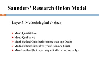  Layer 3: Methodological choices
 Mono Quantitative
 Mono Qualitative
 Multi-method Quantitative (more than one Quan)
...
