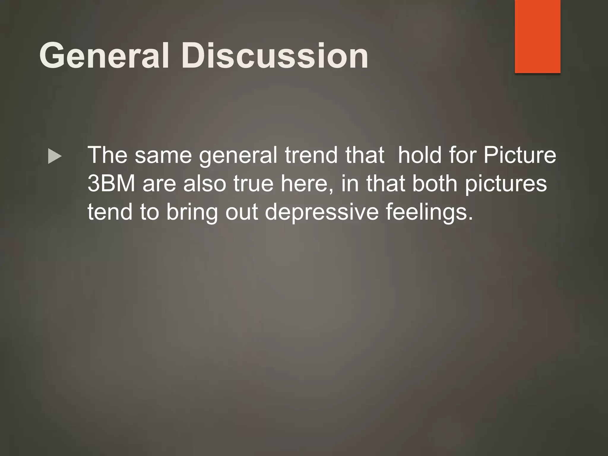 General Discussion
 The same general trend that hold for Picture
3BM are also true here, in that both pictures
tend to bring out depressive feelings.
 