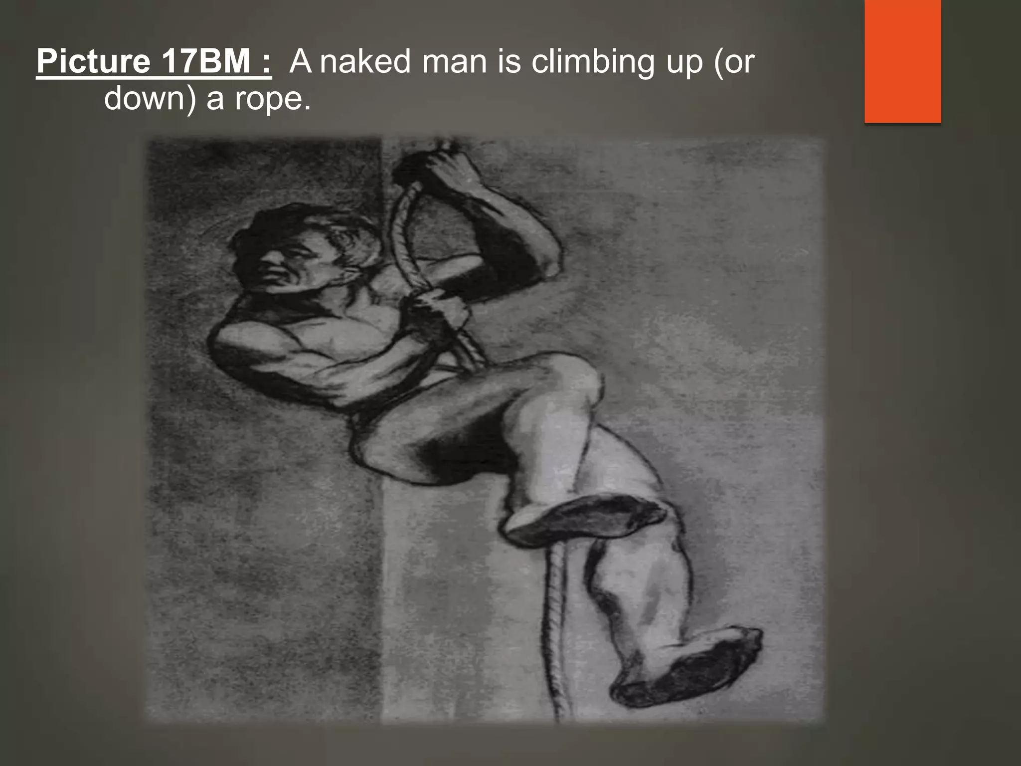 Picture 17BM : A naked man is climbing up (or
down) a rope.
 